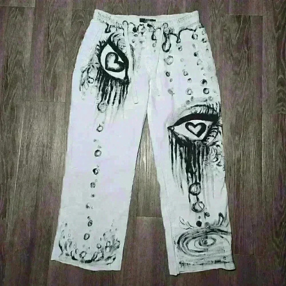 Crazy In Love heart eyes design hand-painted baby blue 100%  linen cargo pants - Picture 9 of 16